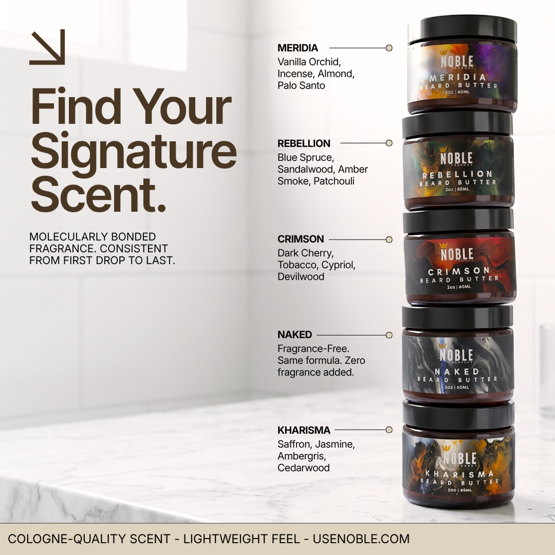 Stacked Noble Beard Butter jars in Meridia, Rebellion, Crimson, Naked, and Kharisma scents.