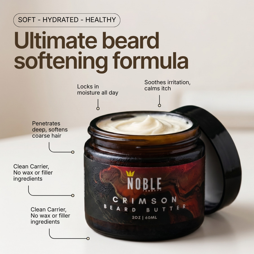 Open Noble Crimson Beard Butter jar with five callouts on softening, hydration, and clean ingredients.