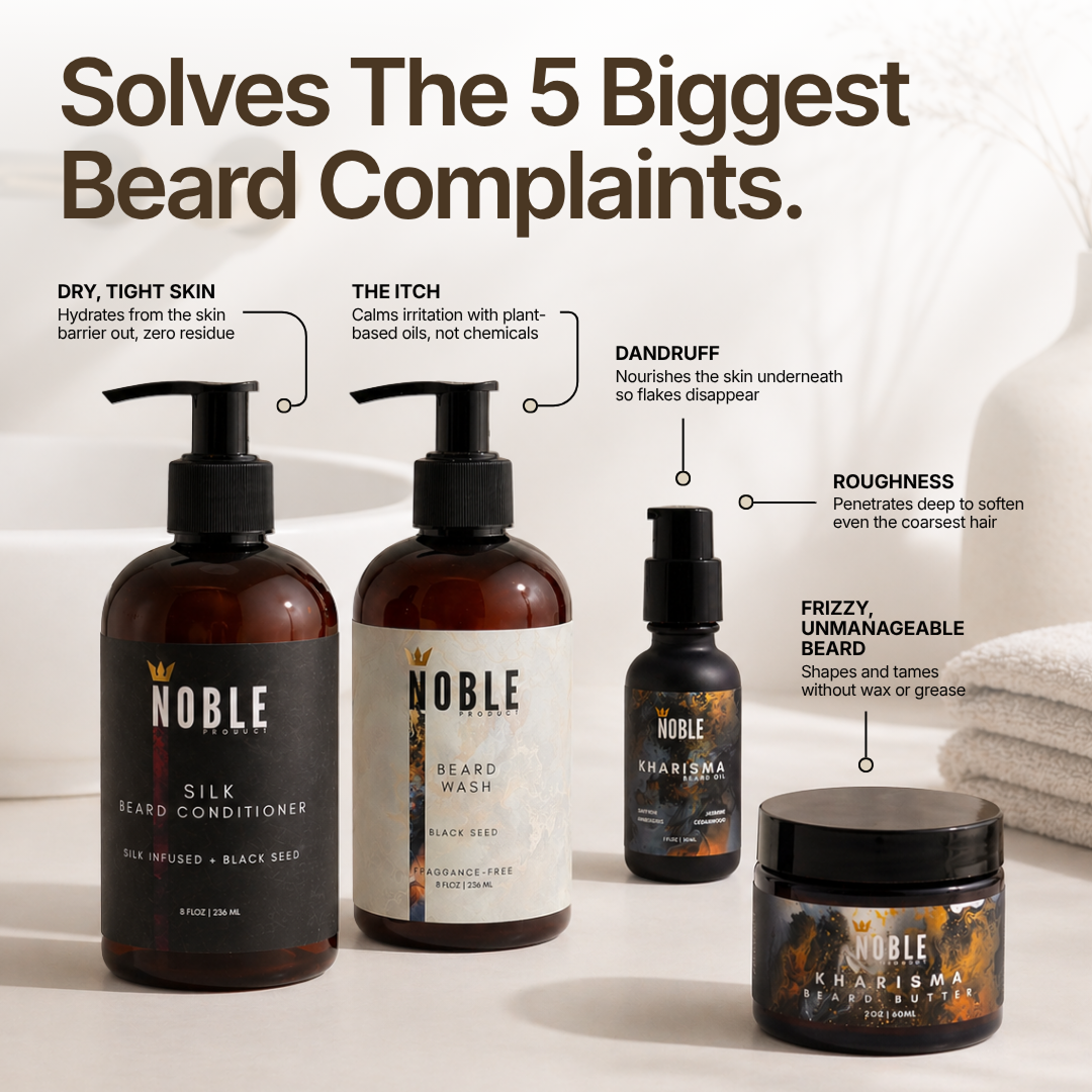 Noble four-product Kharisma system flatlay listing solutions to the five biggest beard complaints.