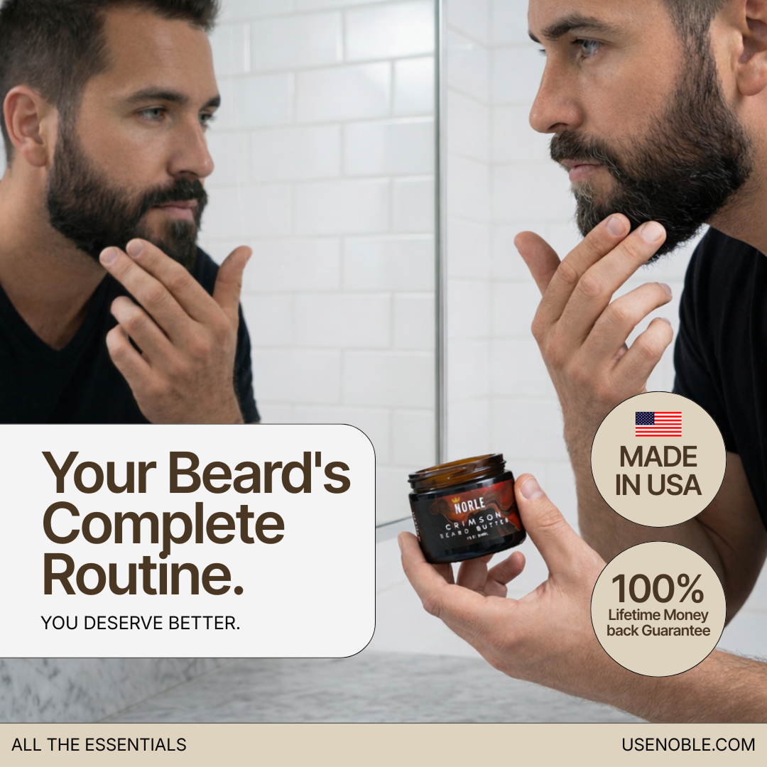 Bearded man at a bathroom mirror holding a Noble Crimson Beard Butter jar.