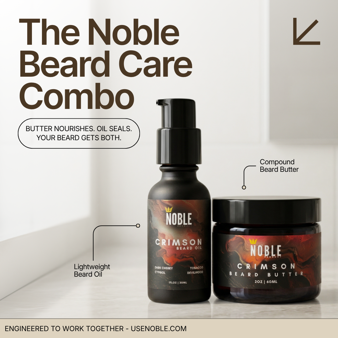 Noble Crimson Beard Oil bottle and Crimson Beard Butter jar side by side with combo product callouts.