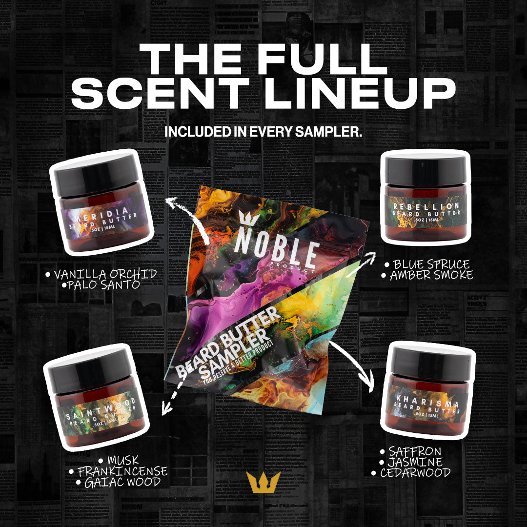 Noble Beard Butter Sampler | 4 Scented Minis – Kharisma, Meridia, Rebellion, Saintwood (0.5 oz Each)