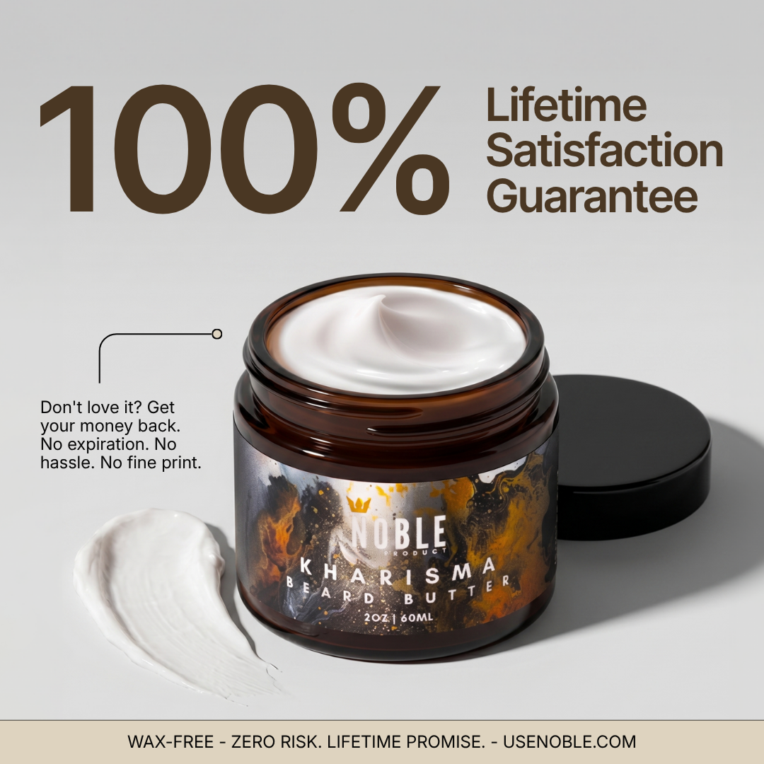 Open Noble Kharisma Beard Butter jar with cream swatch and lifetime guarantee callout.