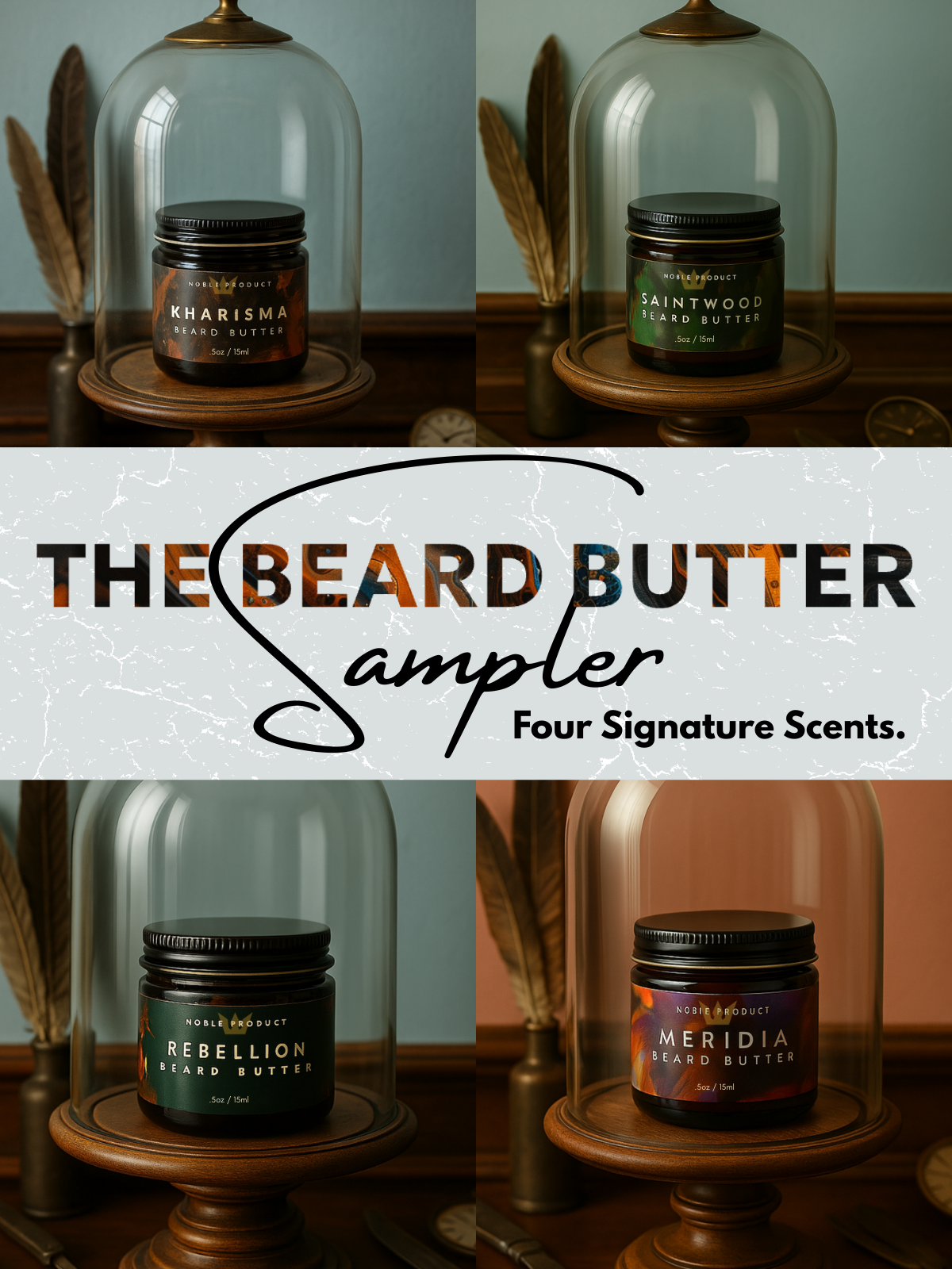 Noble Beard Butter Sampler | 4 Scented Minis – Kharisma, Meridia, Rebellion, Saintwood (0.5 oz Each)