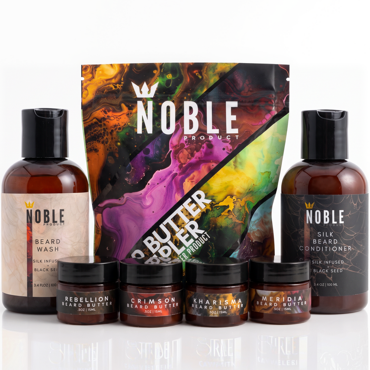 Noble Beard Discovery System with Silk Beard Wash, Silk Beard Conditioner and four Beard Butter sampler jars