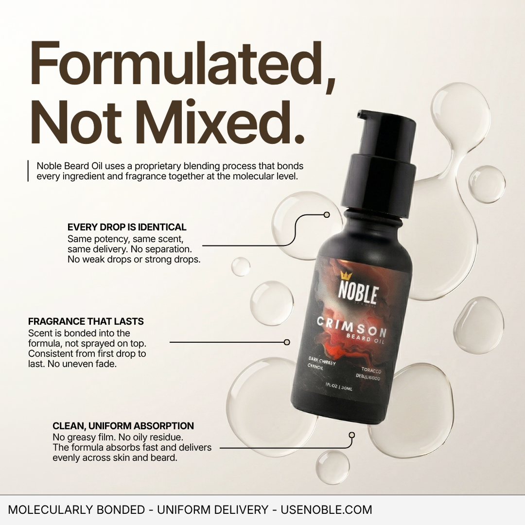 Noble Crimson Beard Oil bottle with droplets, explaining the molecular bonding formulation process.