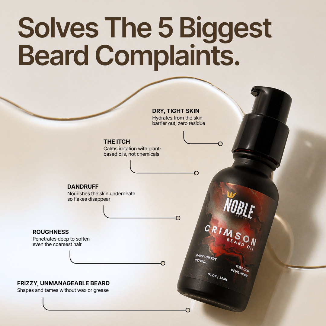 Noble Crimson Beard Oil bottle listing solutions to the five biggest beard complaints.