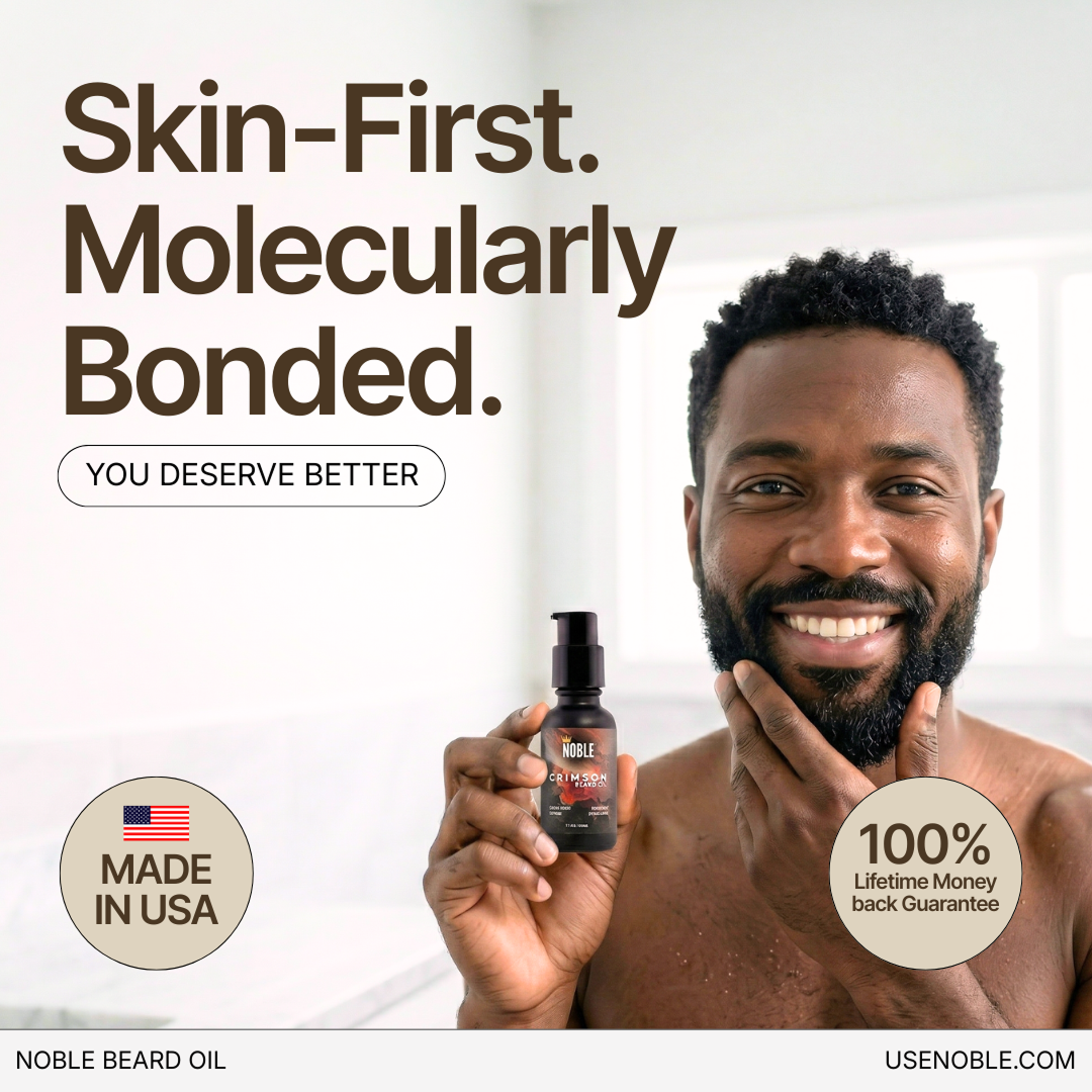 Smiling man holding a Noble Crimson Beard Oil bottle with Made in USA and lifetime guarantee badges.