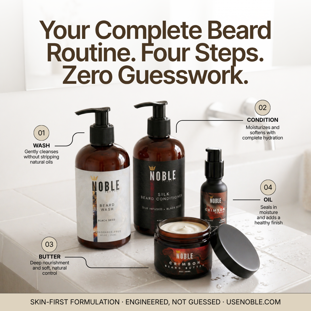 Noble Beard Wash, Silk Conditioner, Crimson Beard Butter, and Beard Oil arranged with four routine steps.