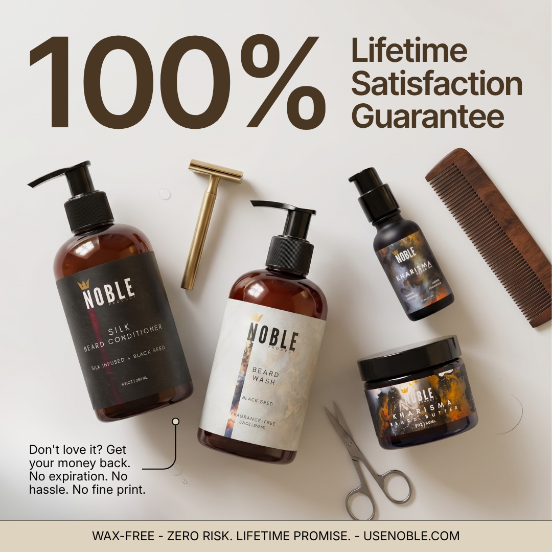 Grooming flatlay with Noble products, gold safety razor, scissors, and wooden comb under guarantee callout.