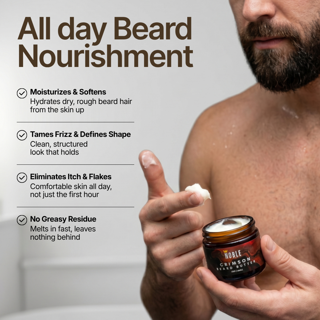 Bearded man applying Noble Crimson Beard Butter, with callouts for moisturizing, taming frizz, and ending itch.