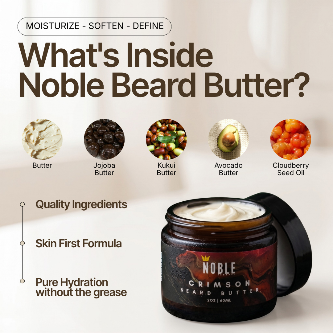 Noble Crimson Beard Butter jar with five ingredient circles: butter, jojoba, kukui, avocado, cloudberry.