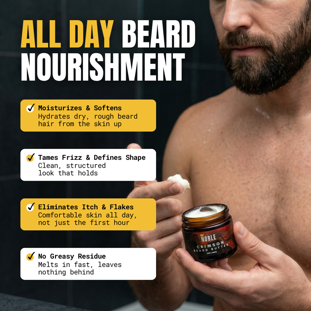 Noble Beard Butter delivers all day beard nourishment. Moisturizes and softens dry rough beard hair from the skin up. Tames frizz and defines shape for a clean structured look that holds. Eliminates itch and flakes for comfortable skin all day. No greasy residue — melts in fast, leaves nothing behind.