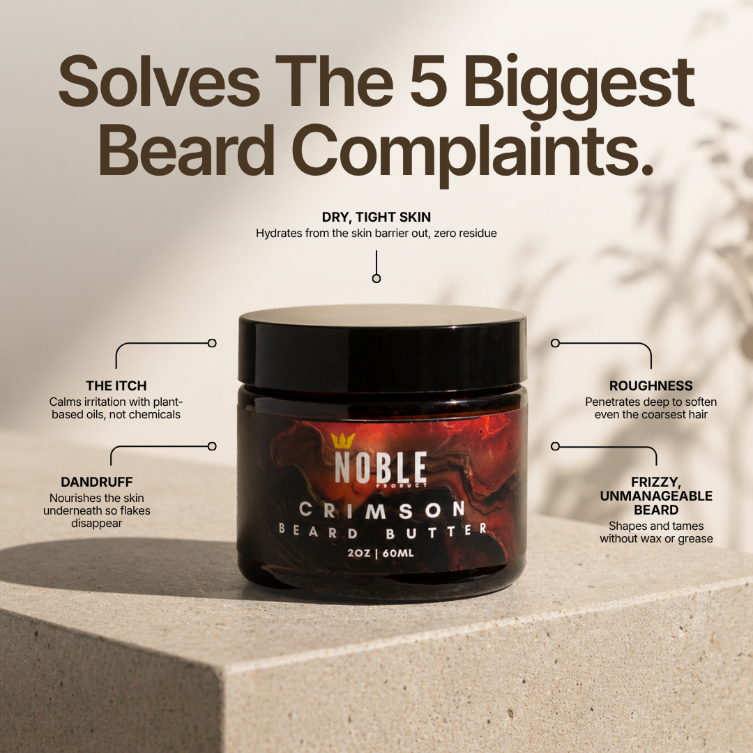 Noble Crimson Beard Butter jar listing solutions to dry skin, itch, dandruff, roughness, and frizz.