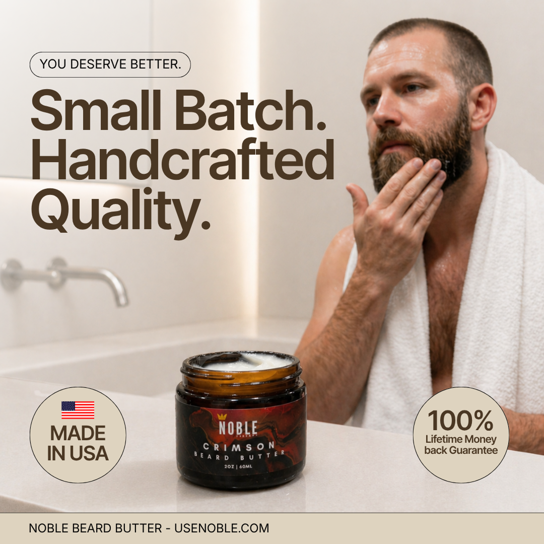 Bearded man at bathroom counter with Noble Crimson Beard Butter, Made in USA and lifetime guarantee badges.