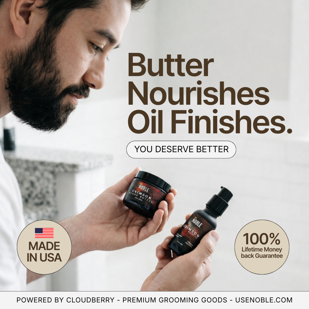 Bearded man holding Noble Crimson Beard Butter and Oil with Made in USA and lifetime guarantee badges.
