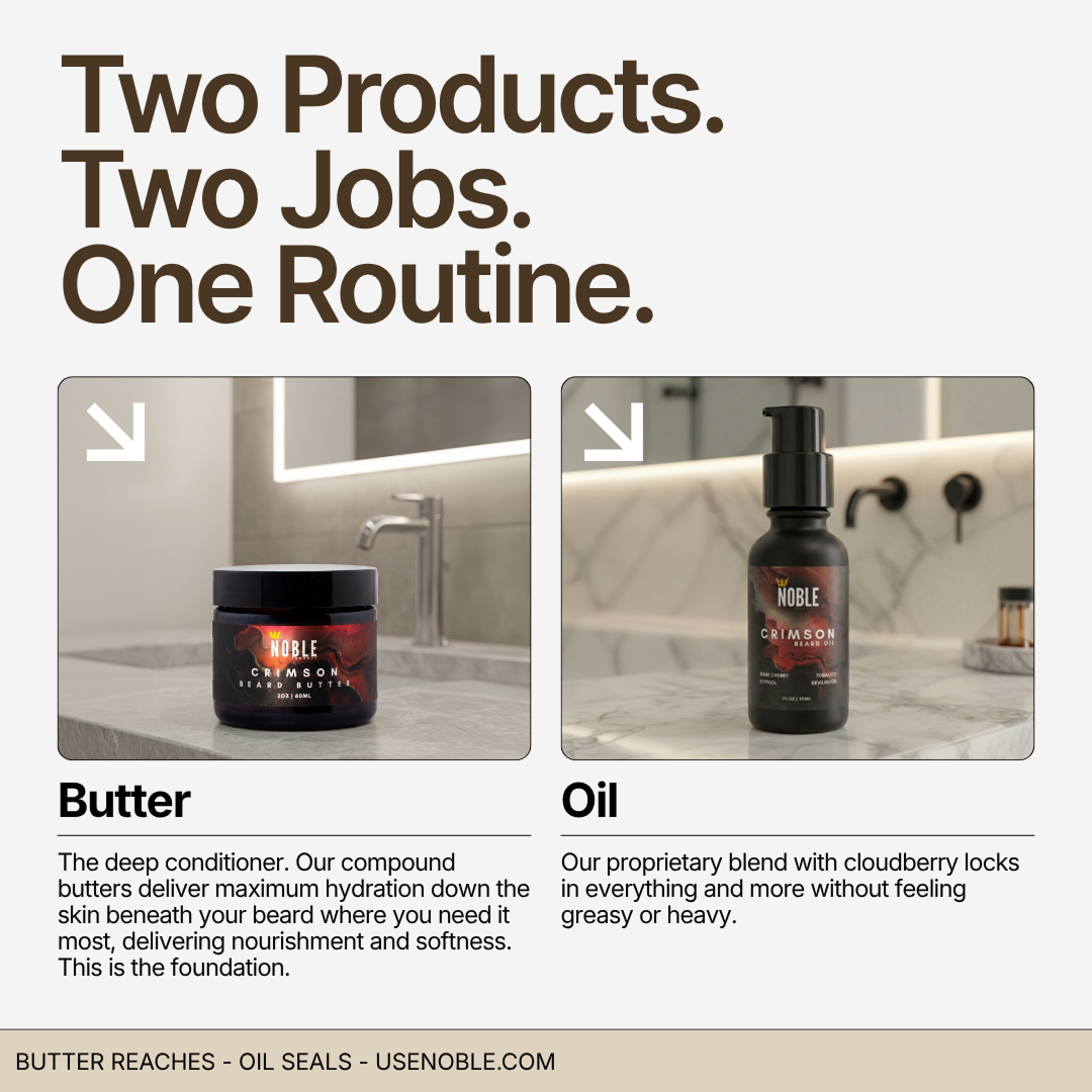 Noble Crimson Beard Butter jar and Beard Oil bottle in a bathroom with descriptions for each product.