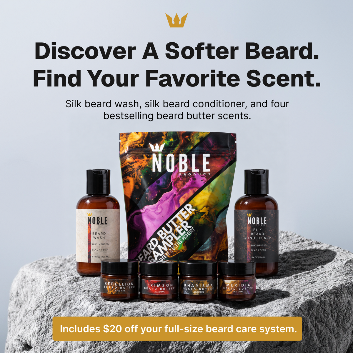 Beard Discovery System with four butter scents and a $20 coupon toward a full-size Beard Care System