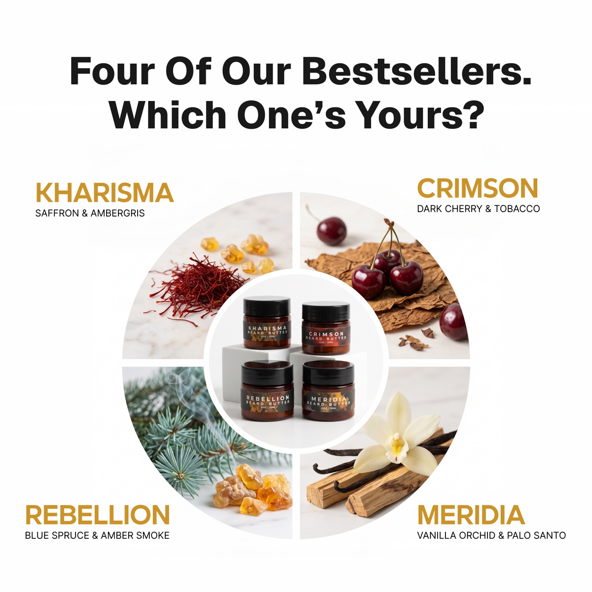 Four Noble Beard Butter scents: Kharisma, Crimson, Rebellion and Meridia, with fragrance notes