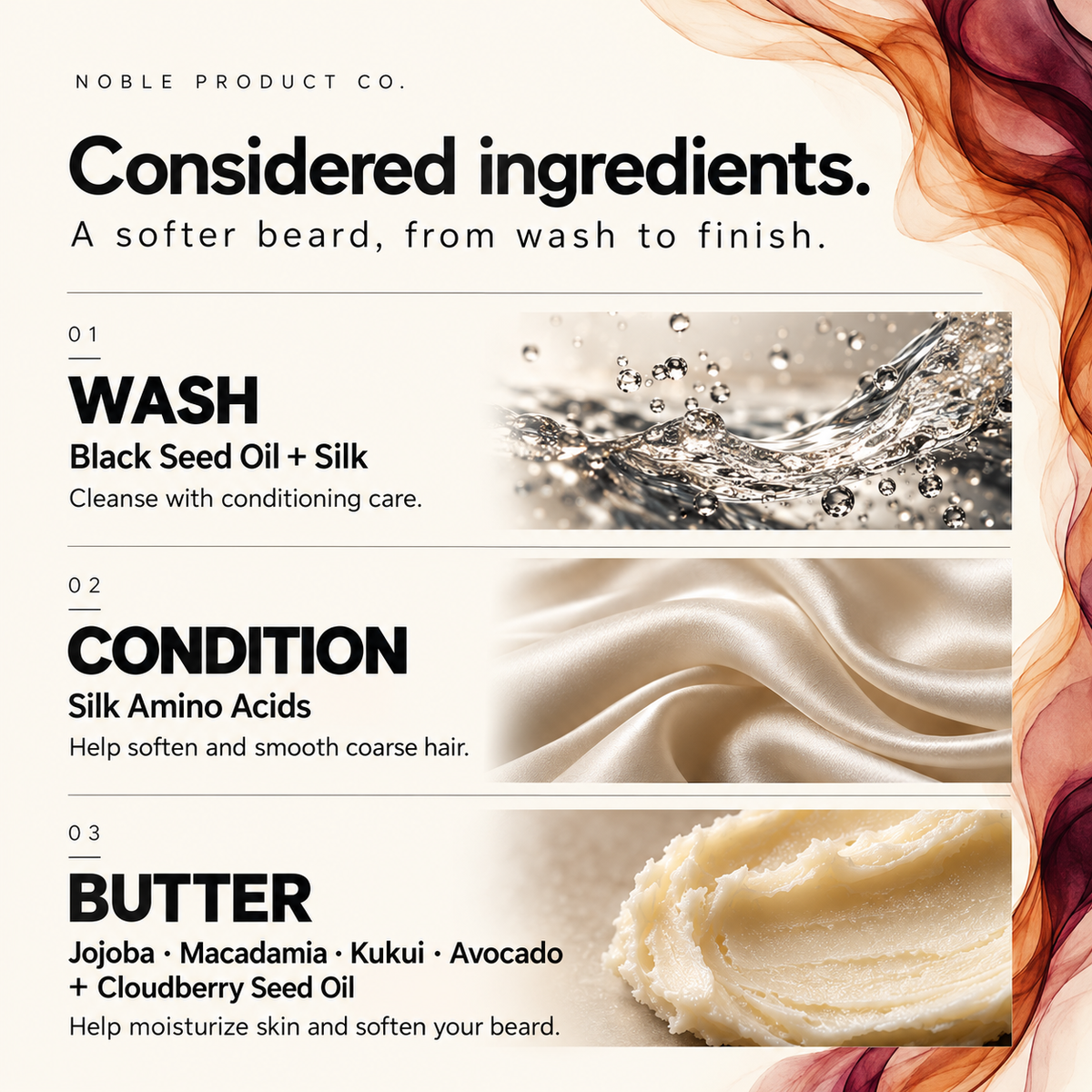 Noble moisture routine: Black Seed Oil and Silk wash, Silk Amino Acids conditioner, and conditioning butter blend