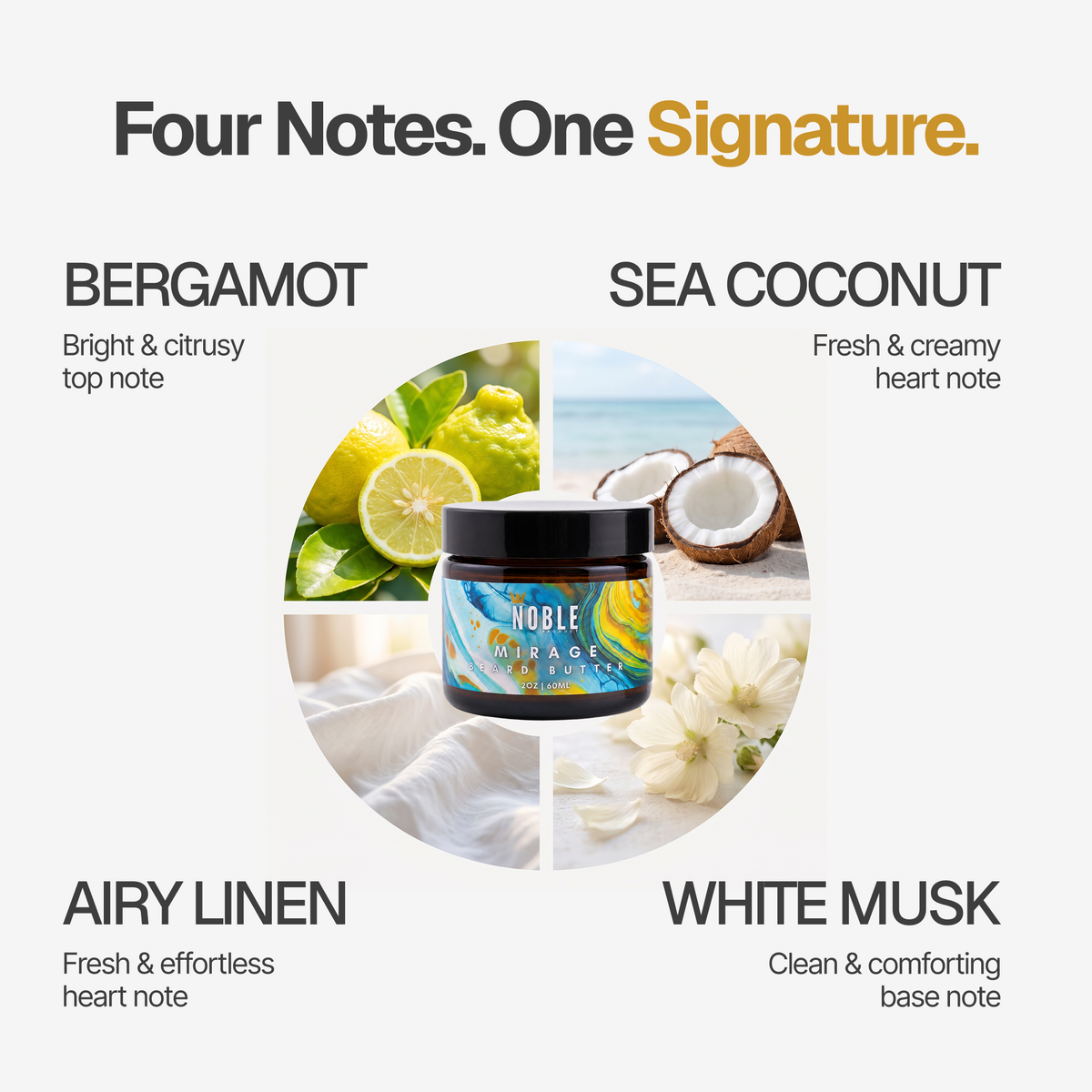 Mirage Beard Butter, 2 oz, bergamot, cardamom, sea coconut and white musk | Noble Product Co.