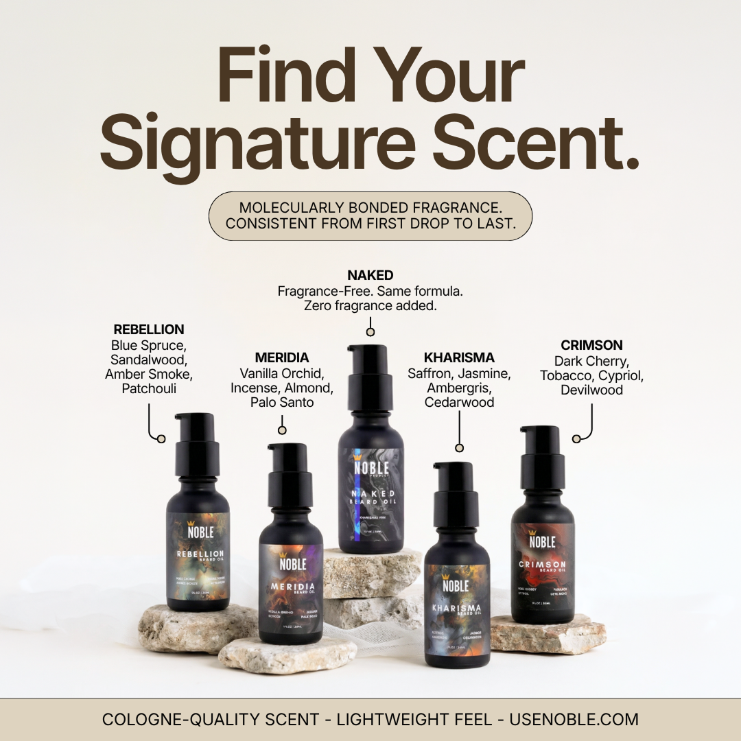 Noble Beard Oil scent lineup: Rebellion, Meridia, Naked, Kharisma, and Crimson bottles on stones.