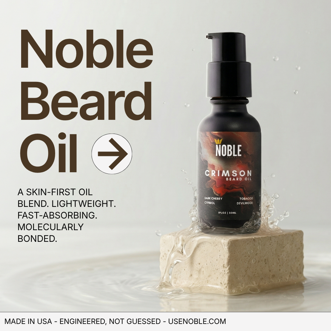 Noble Crimson Beard Oil bottle on a stone with water splash, tagline lightweight and fast-absorbing.