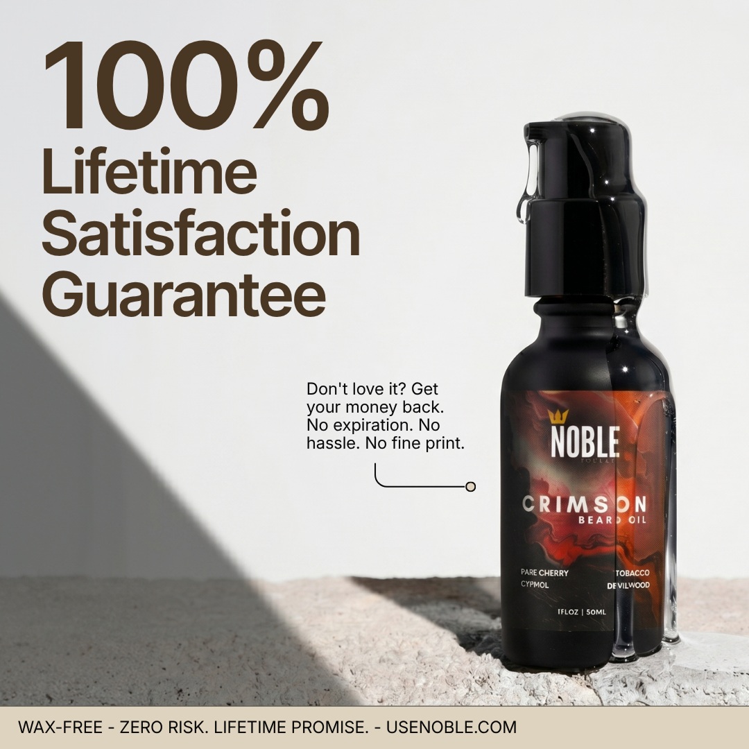 Noble Crimson Beard Oil bottle with 100% lifetime satisfaction guarantee callout.
