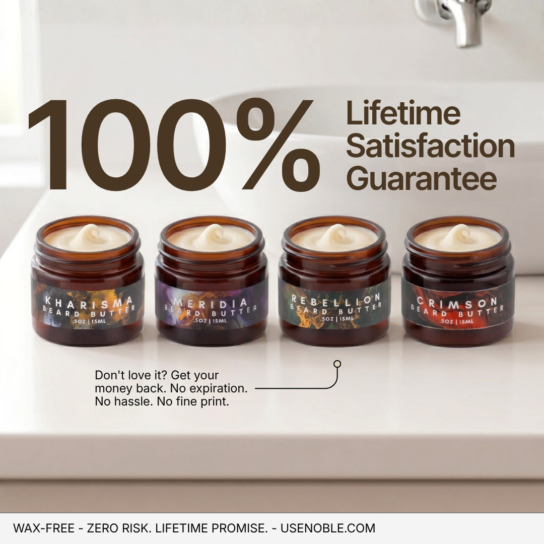 Four .5oz Noble Beard Butter sampler jars in Kharisma, Meridia, Rebellion, and Crimson with guarantee callout.