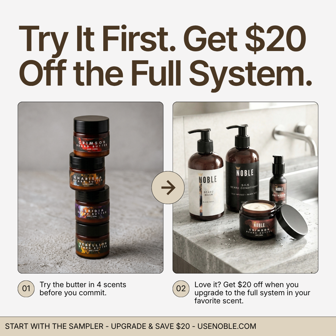Stacked Noble Beard Butter sampler jars beside the full Noble system with $20 off upgrade offer.