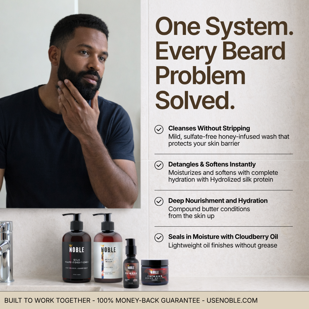 Bearded man touching his beard, with the four-product Noble system and four benefit callouts.